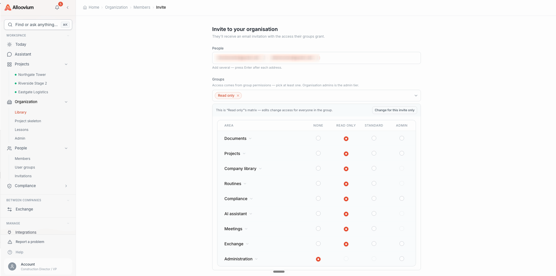 The organisation invite page — addresses staged as chips at the top, the group picker with Read only preselected, and the selected group's permission matrix shown inline so you can see exactly what the invite grants.
