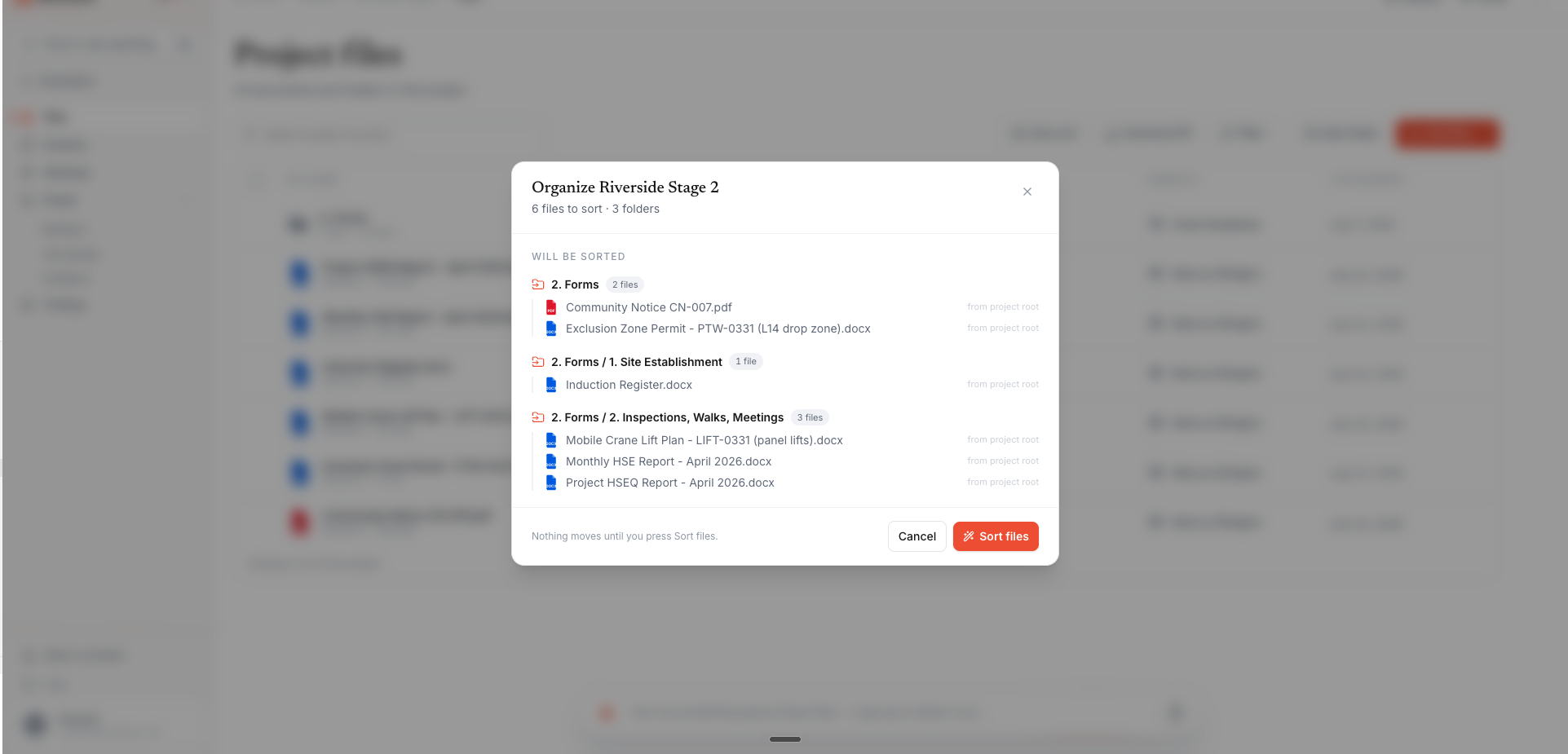 The Auto-sort review after uploading a mixed batch — six files grouped under their suggested destination folders, each showing where it moves from, and nothing moves until you press Sort files.