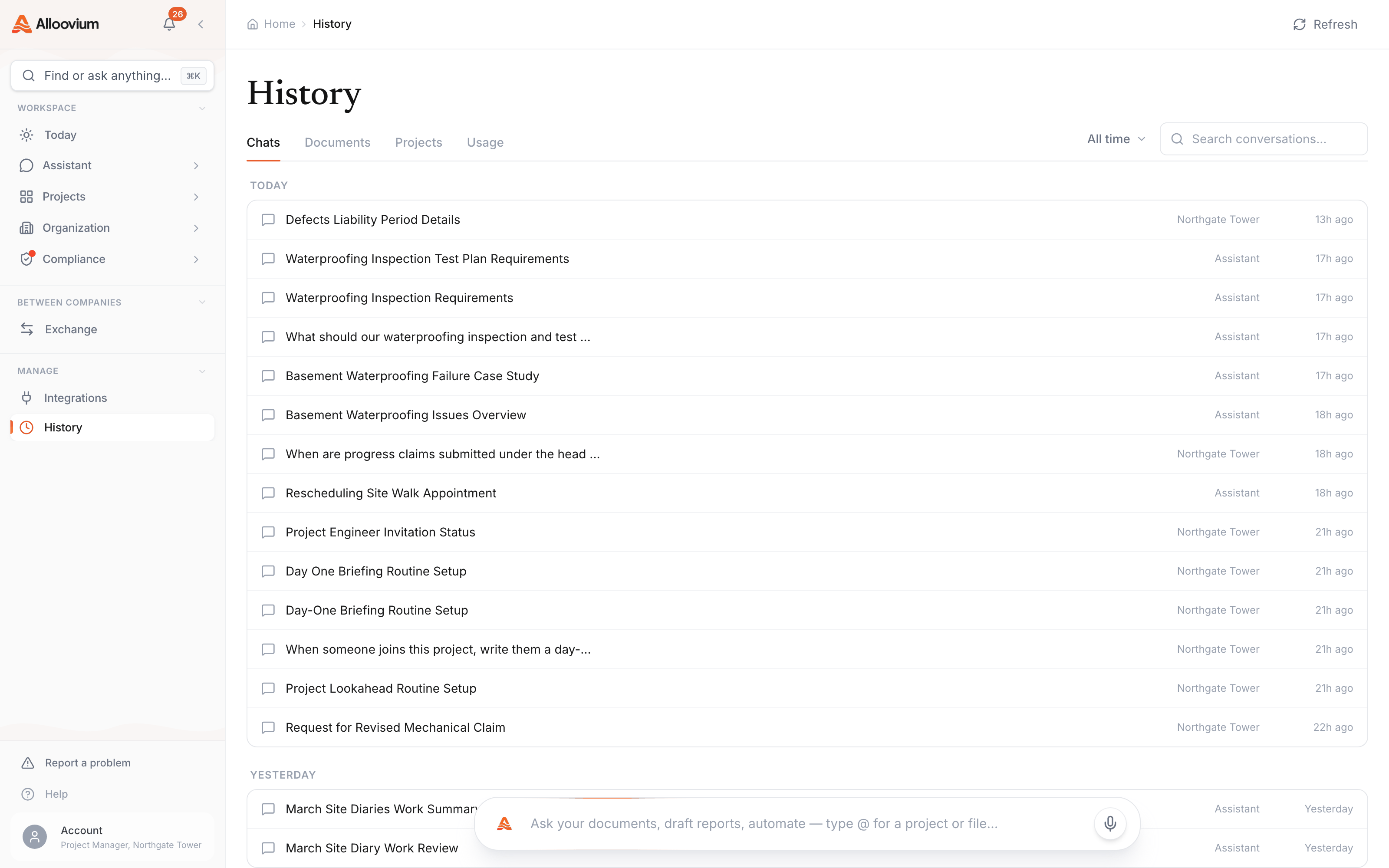 The History page's Chats tab — a day-grouped list of assistant conversations with the search field and date filter in the header band, each row a click from reopening the full thread.