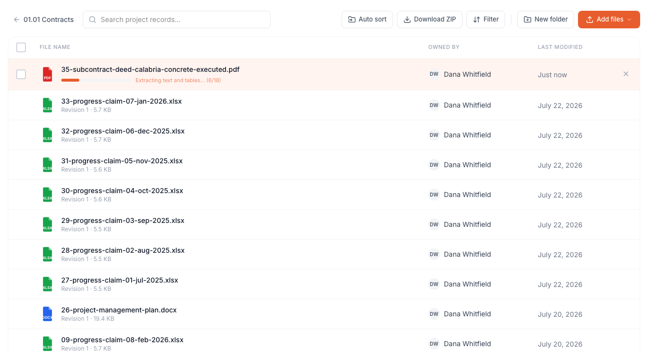 A project folder with a dozen settled documents — contracts, claims and plans, each with its file-type icon, revision and owner — and one file just added, mid-pipeline at the top: 'Extracting text and tables… (6/18)' with its live progress bar.