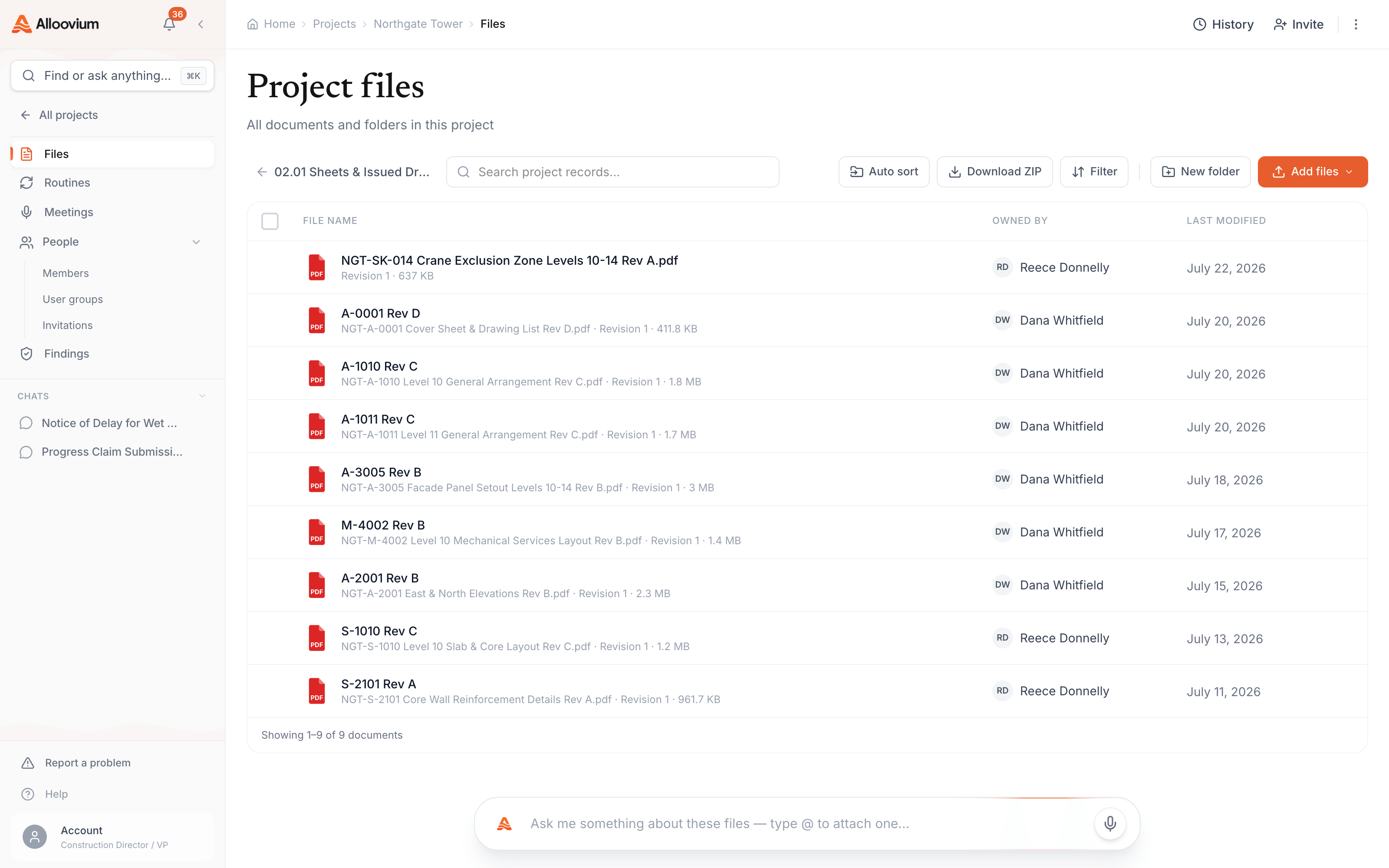 A project open on its Files tab, inside 02 Drawings & Models / 02.01 Sheets & Issued Drawings — the issued sheets listed with revision, size, owner and last-modified, the project sections (Files, Meetings, People) in the sidebar, and the project menu in the header.