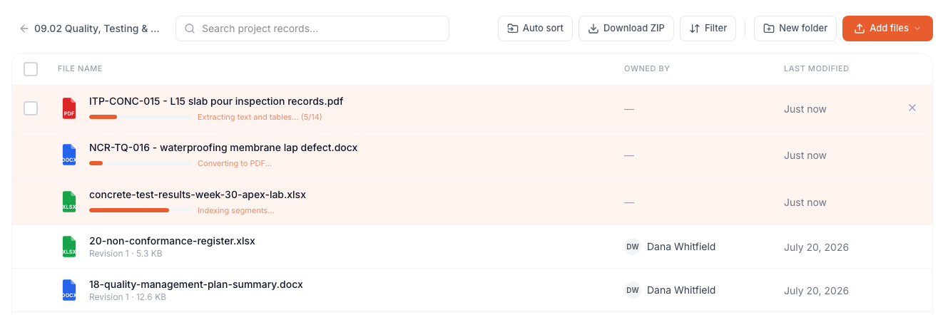 Three files just added, mid-pipeline in the project files list — each row with its live progress bar and the stage it has reached: extracting text and tables (page 5 of 14), converting to PDF, and indexing segments for search.