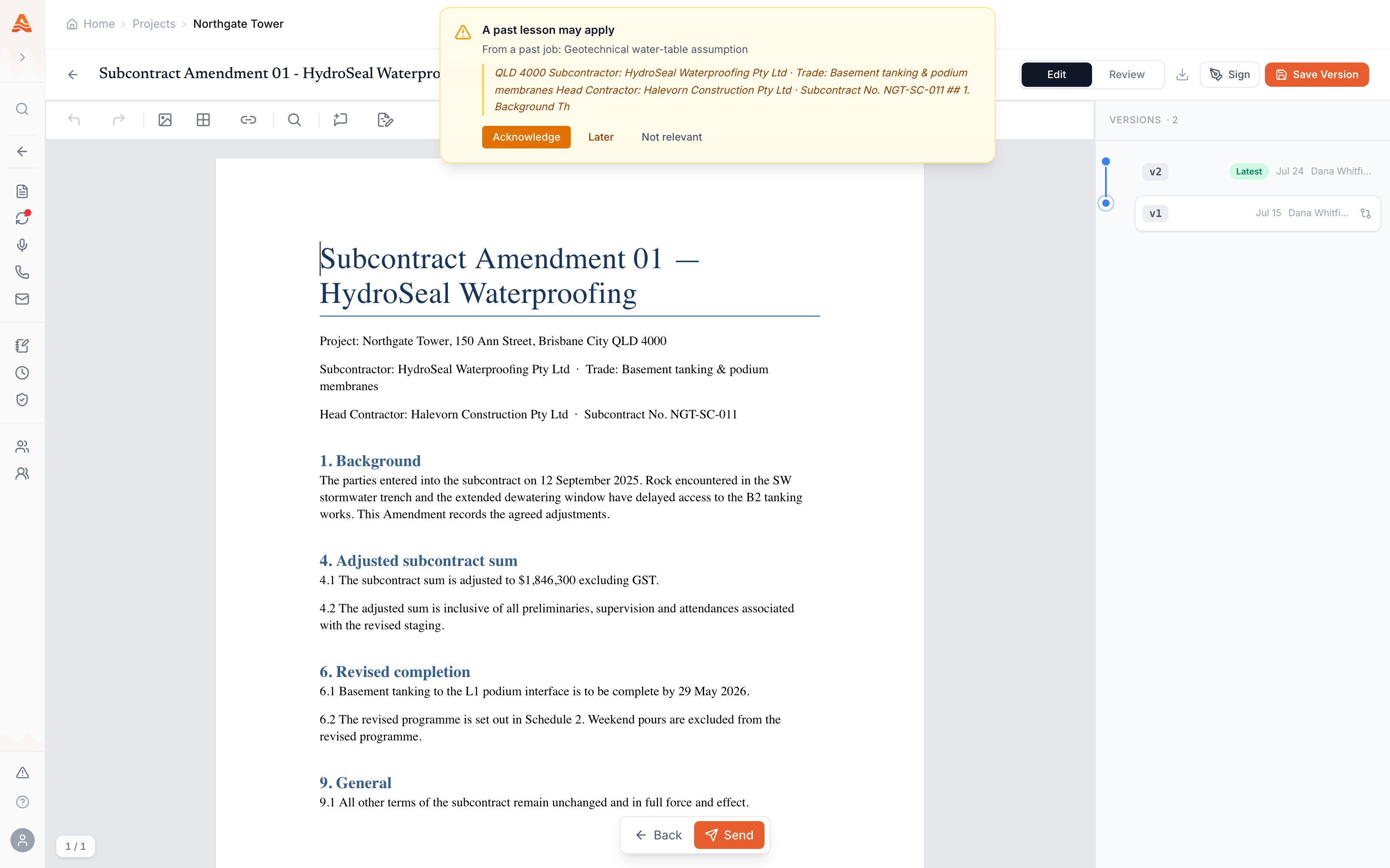A subcontract amendment open in the document workspace with a past lesson resurfaced above it — the matched passage quoted from the open document, the lesson it tripped named, and Acknowledge, Later and Not relevant actions inline.