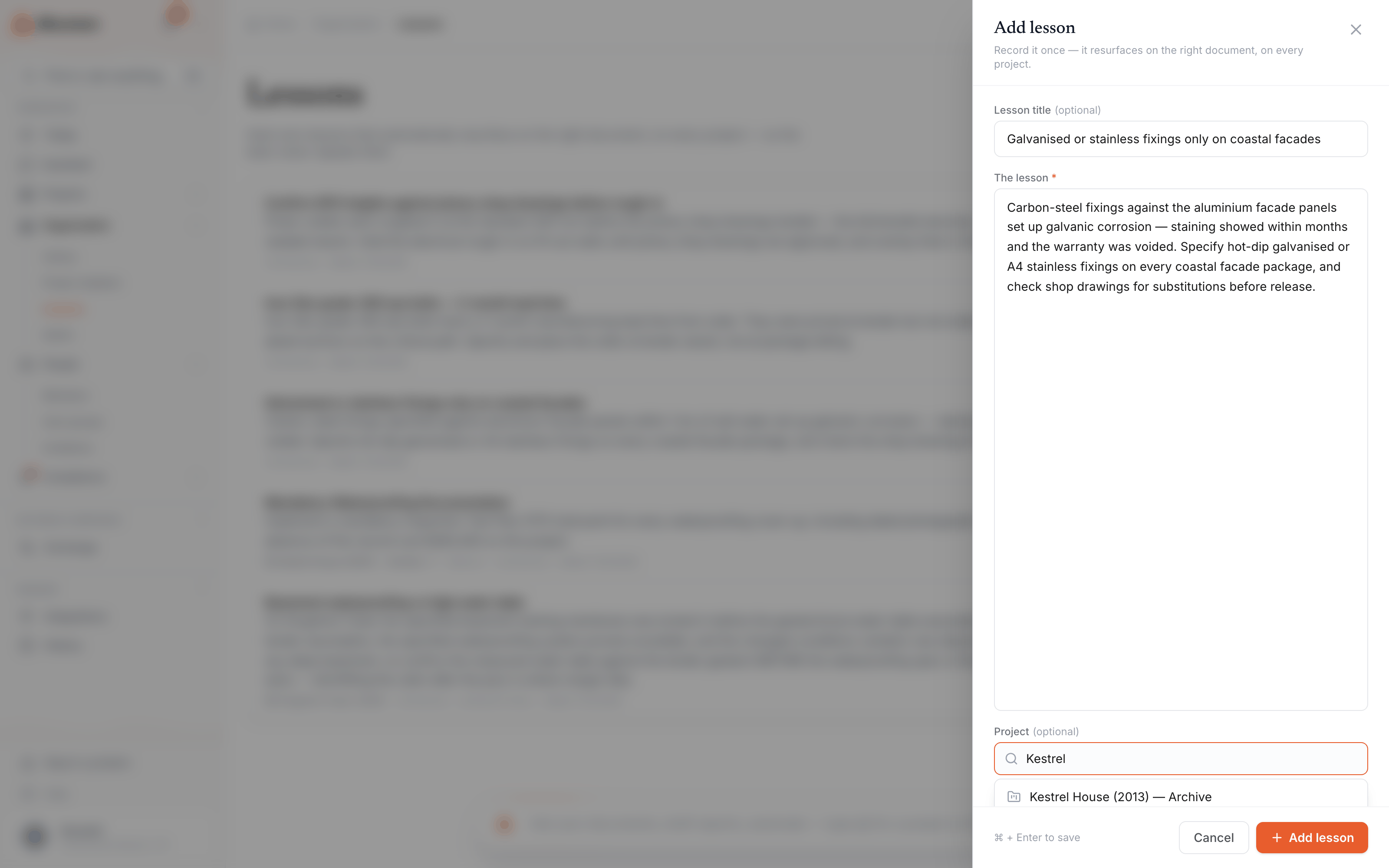 The add-lesson slide-over open from the Lessons page: title and lesson fields filled with the galvanic-corrosion example, and the project picker suggesting the project it was learned on.