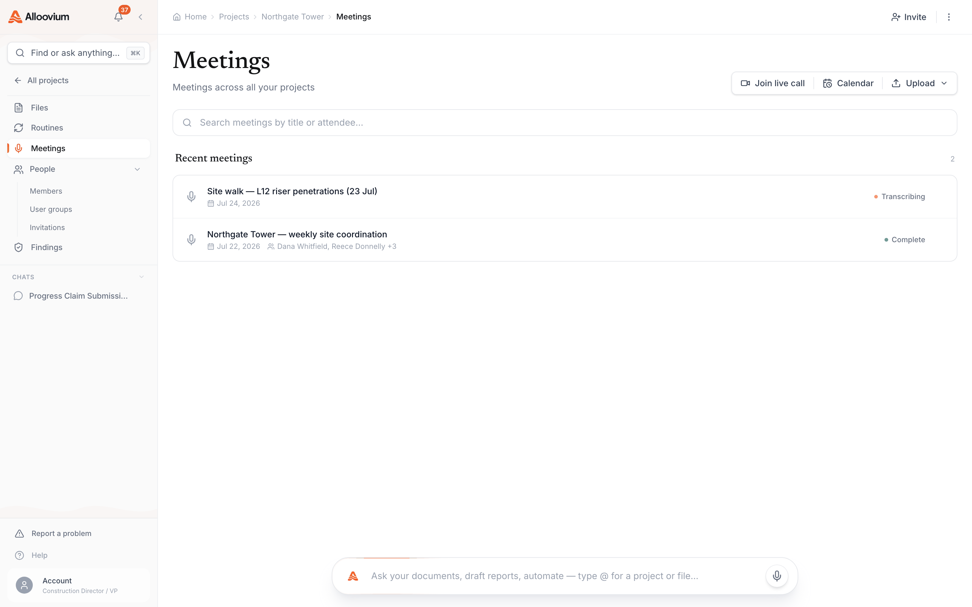 A list of recent meetings with their status badges — one still Transcribing, and one Complete and ready for review.