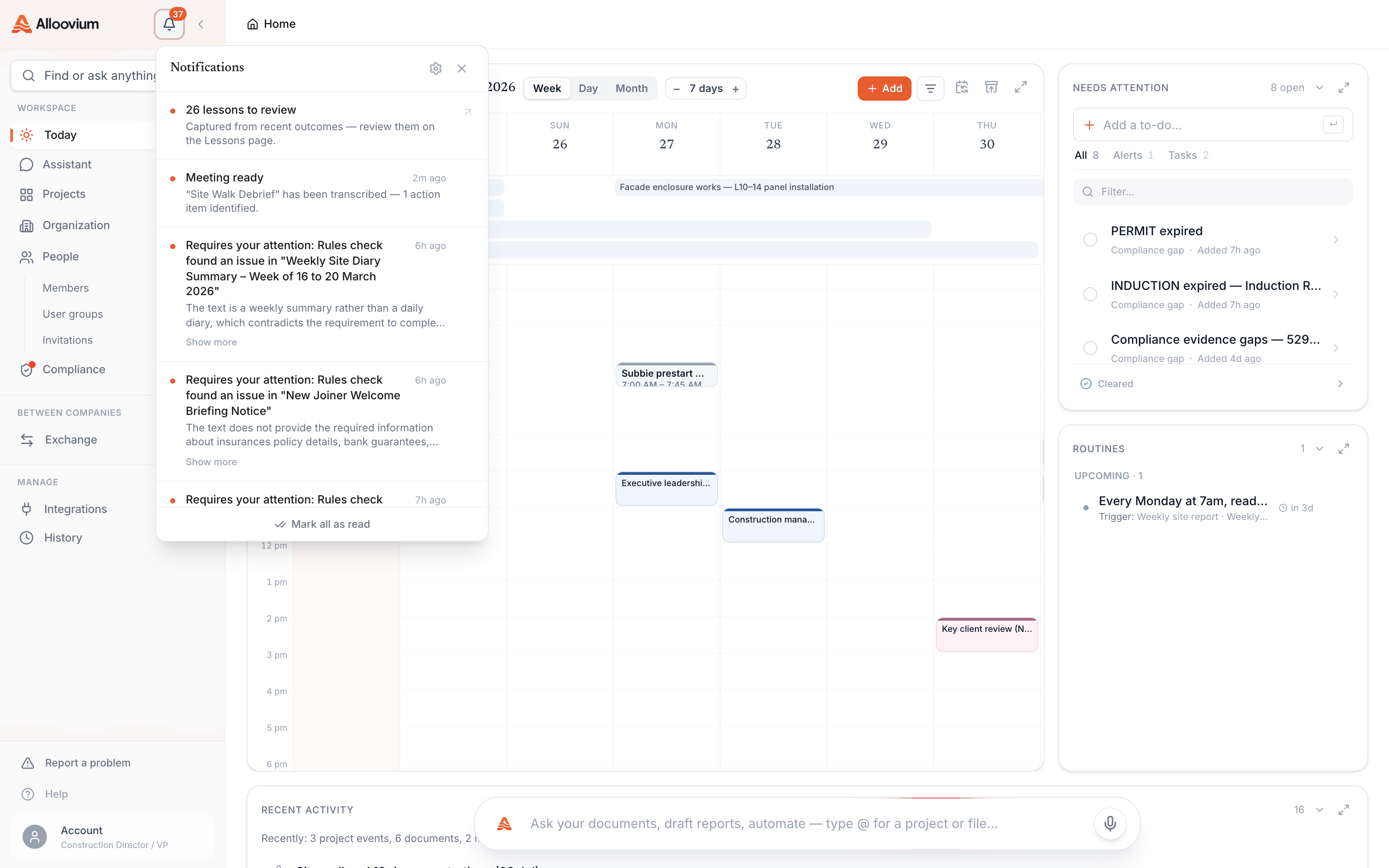 The notification bell open over the Today page — recent notifications with unread markers, a Mark all as read action, and the settings gear that opens notification preferences.