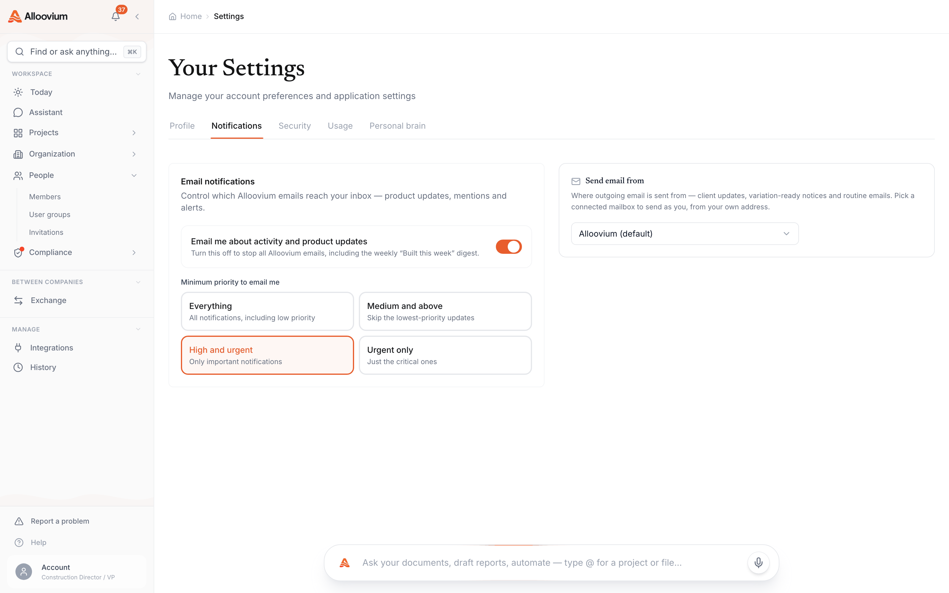 Notification preferences — the email notifications toggle switched on, with the minimum-priority selector below it showing the four levels and High and urgent selected.