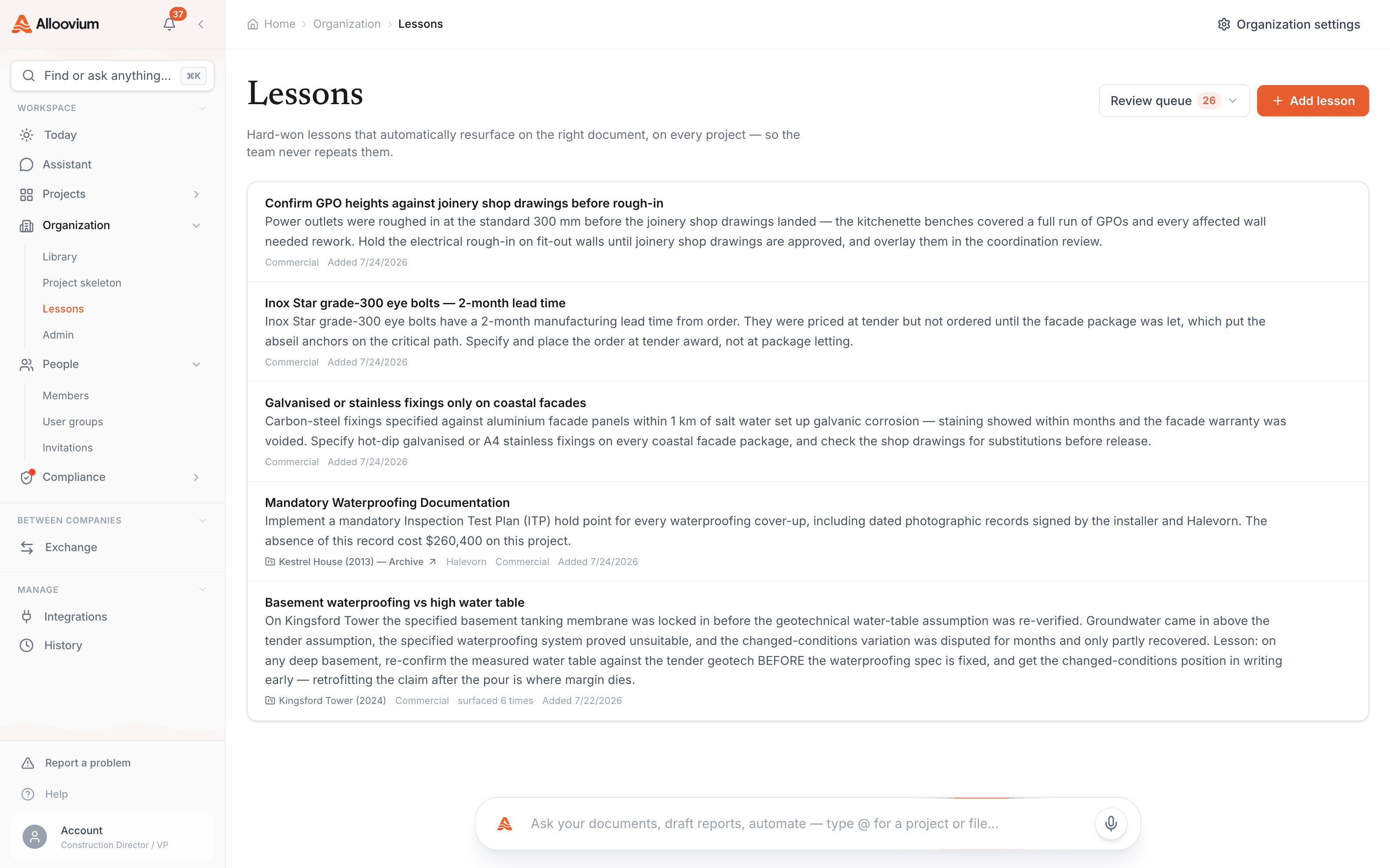 The Lessons page with the company lesson list — each entry showing its title, the full what-happened / what-to-do-differently detail and the project it was learned on, with the review queue and Add lesson controls at the top.