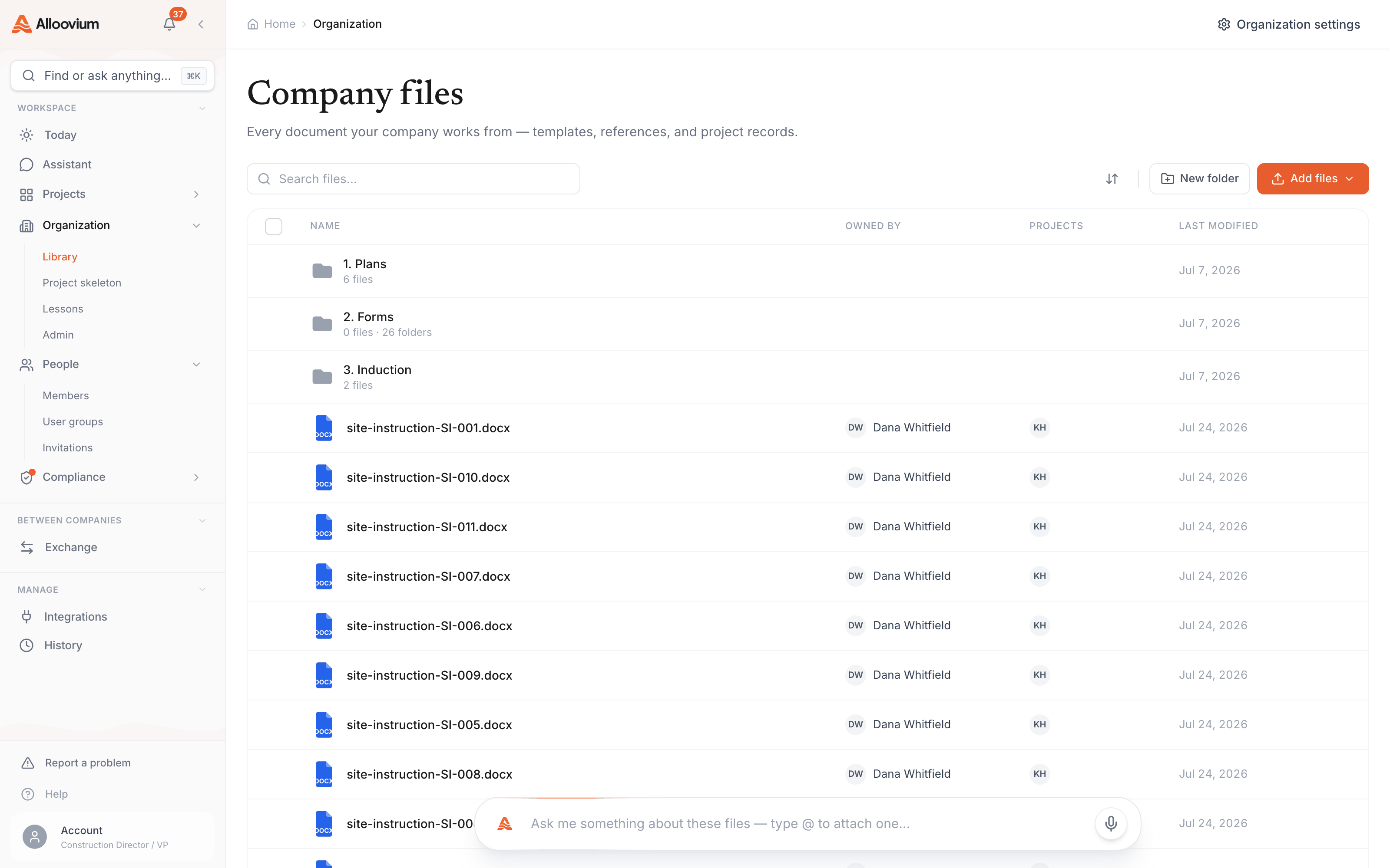 The Organization workspace on Company files — the shared library with its numbered folders and documents, and the Organization sections (Library, Project skeleton, Lessons, Admin) alongside People in the sidebar.