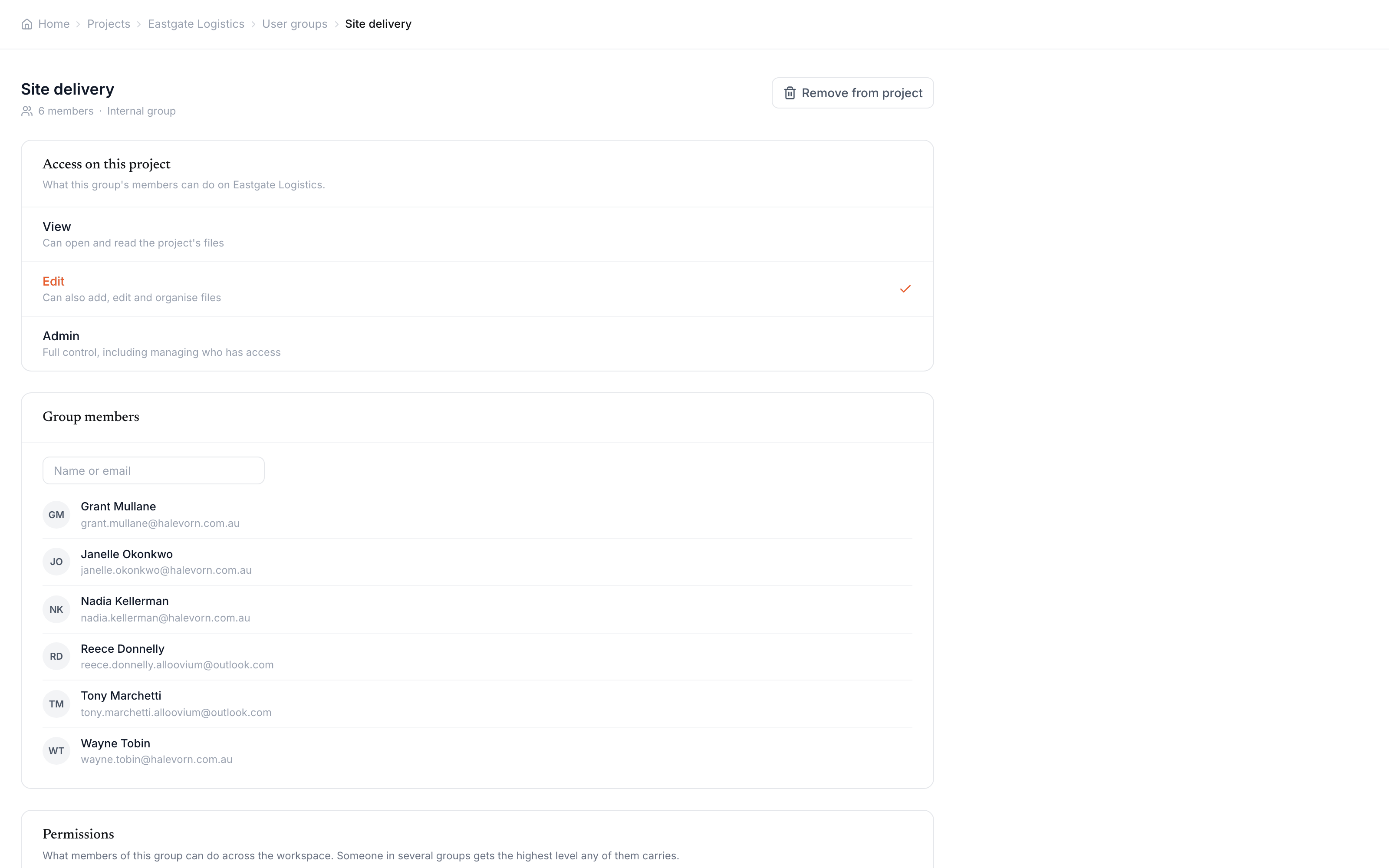 A project group detail page — the 'Access on this project' section with the View, Edit and Admin tiers and Edit selected, the group's member roster below it, and the organisation-wide permission matrix beneath.
