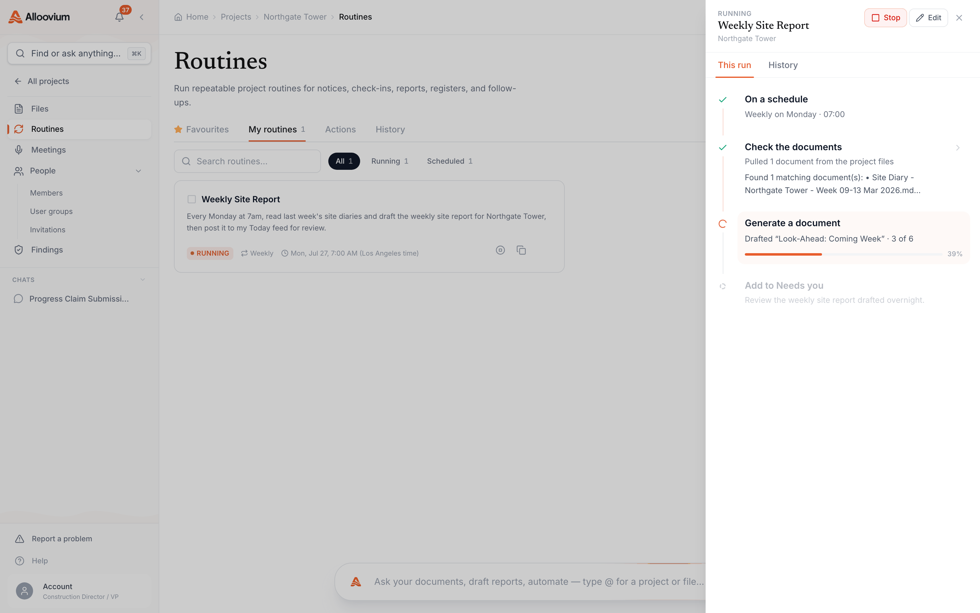 The run sidebar of a routine mid-execution — completed steps showing the documents they pulled, the document-generation step in progress with its draft counter, and the remaining step still pending.