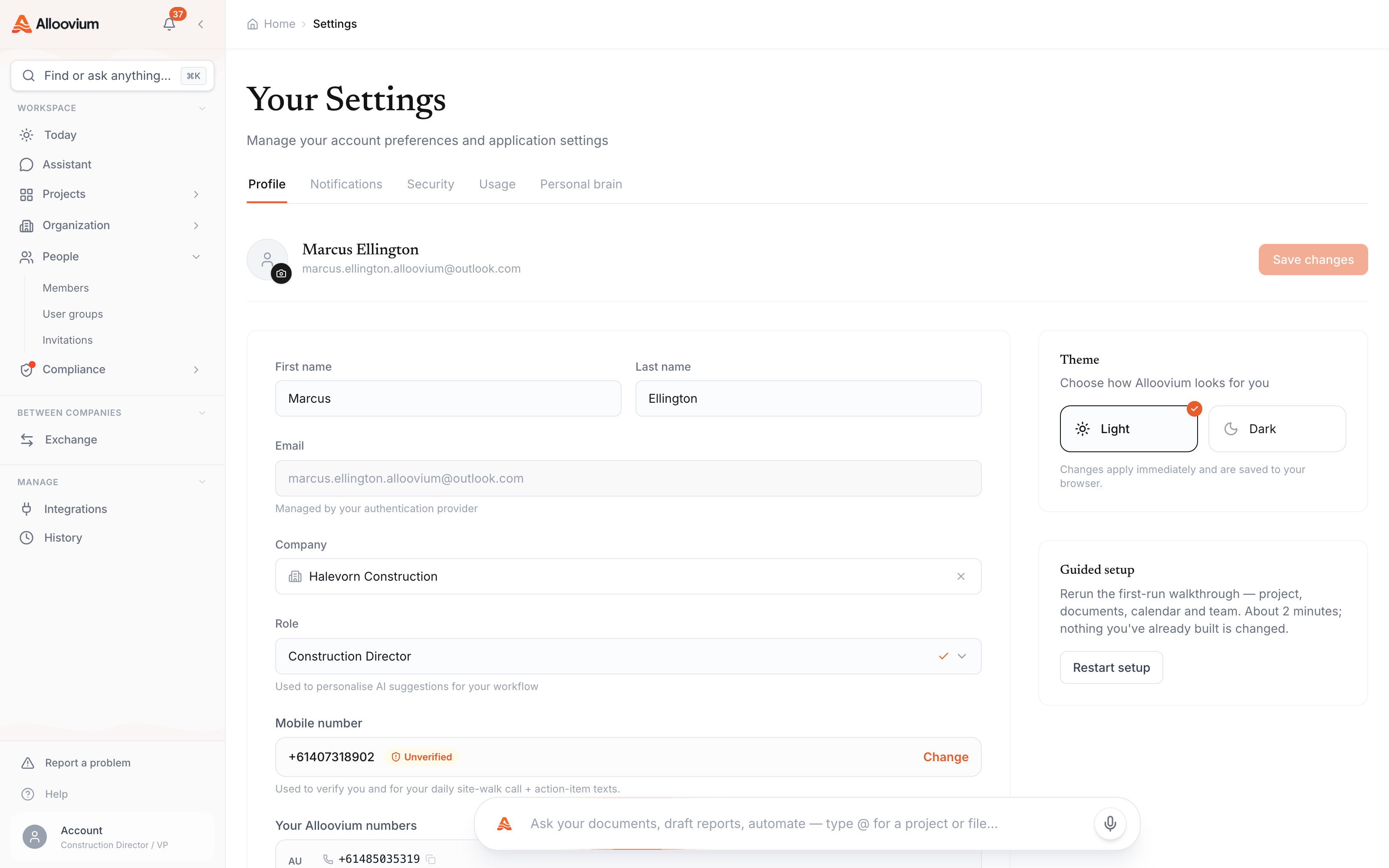 Account Settings → Profile: name, company and role fields populated with the email field greyed out as read-only, the theme picker alongside, and the Save changes button at the top.