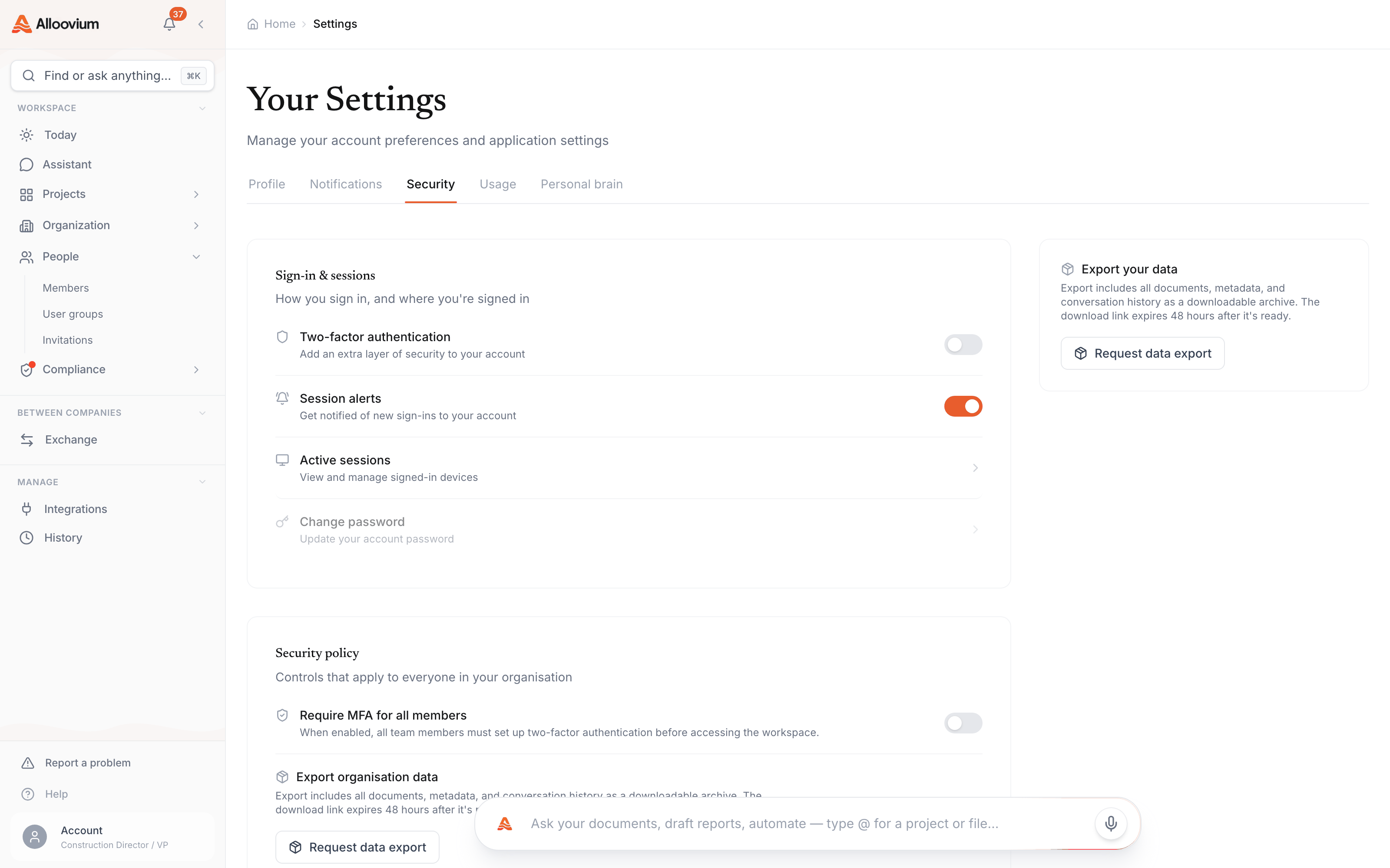 Account Settings → Security: the Sign-in & sessions list with two-factor authentication and session-alert toggles, active sessions and change password rows, beside the organisation-wide security policy and data export controls.