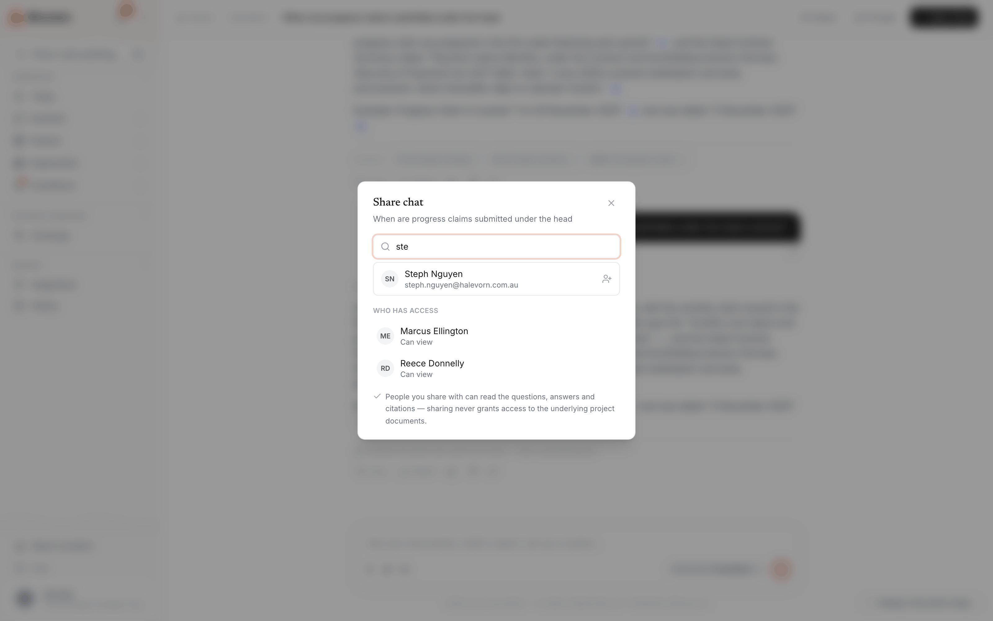 The share-conversation dialog open over the chat, with a search field for adding teammates and a list of people who already have access, each shown with their avatar and name.