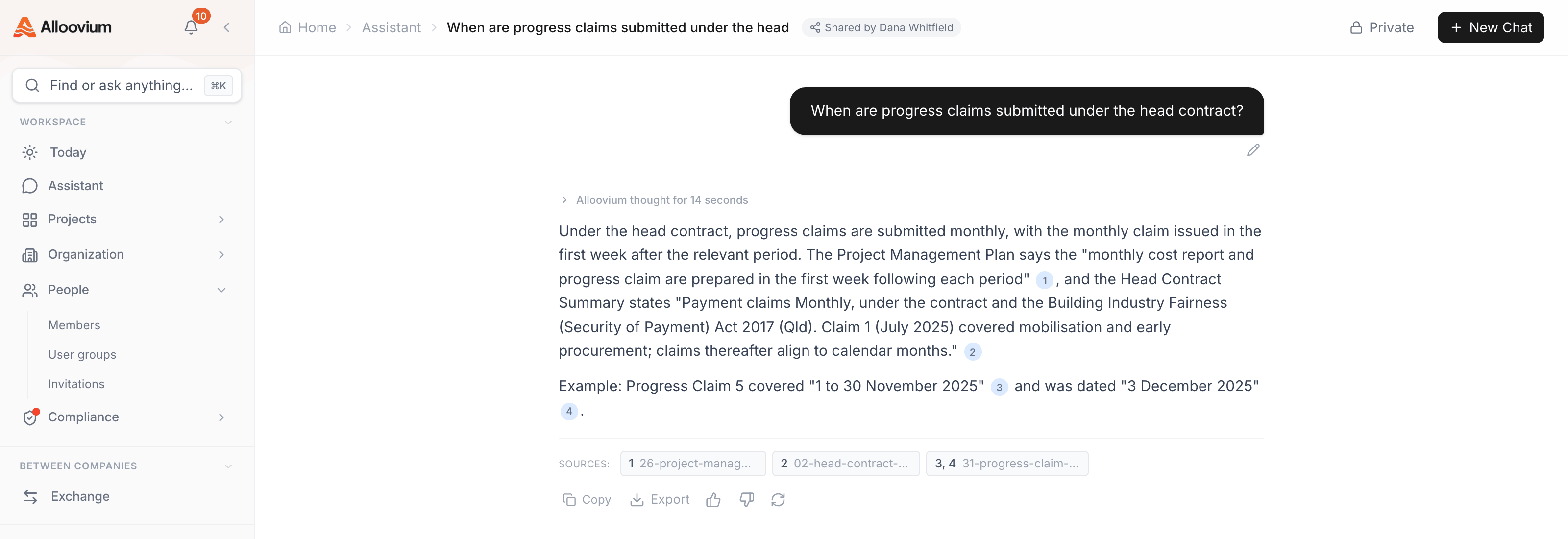 A shared conversation as the recipient sees it — the full question-and-answer thread with a 'Shared by' chip naming who shared it, every numbered citation intact, and the sources row ready to open against the project's documents.