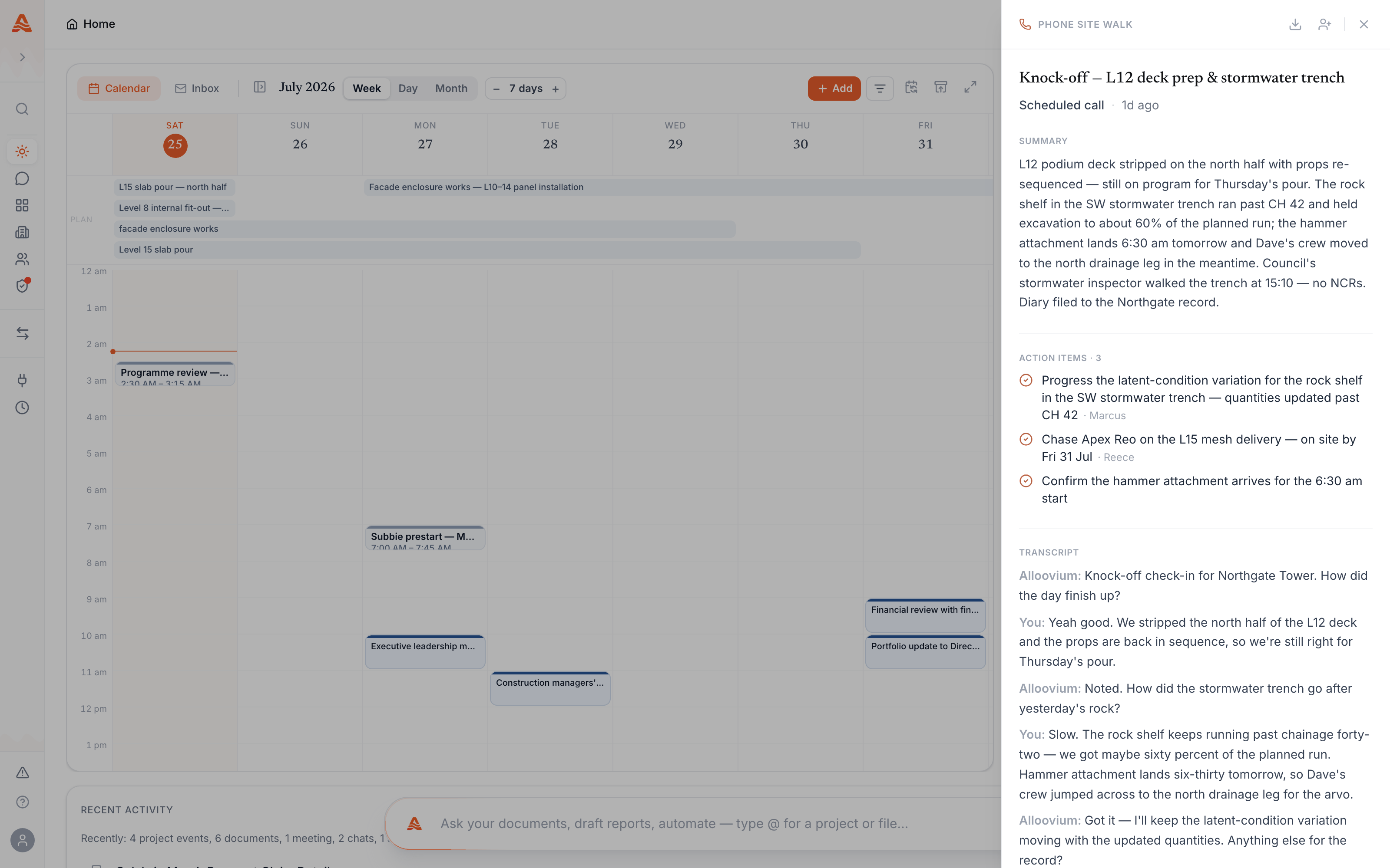 A completed knock-off call opened over Today — the diary-style summary filed to the project record at the top, the three follow-ups the call raised beneath it (a latent-condition variation to progress, a delivery chase assigned with its due date, and a next-morning confirmation), and the spoken transcript underneath.