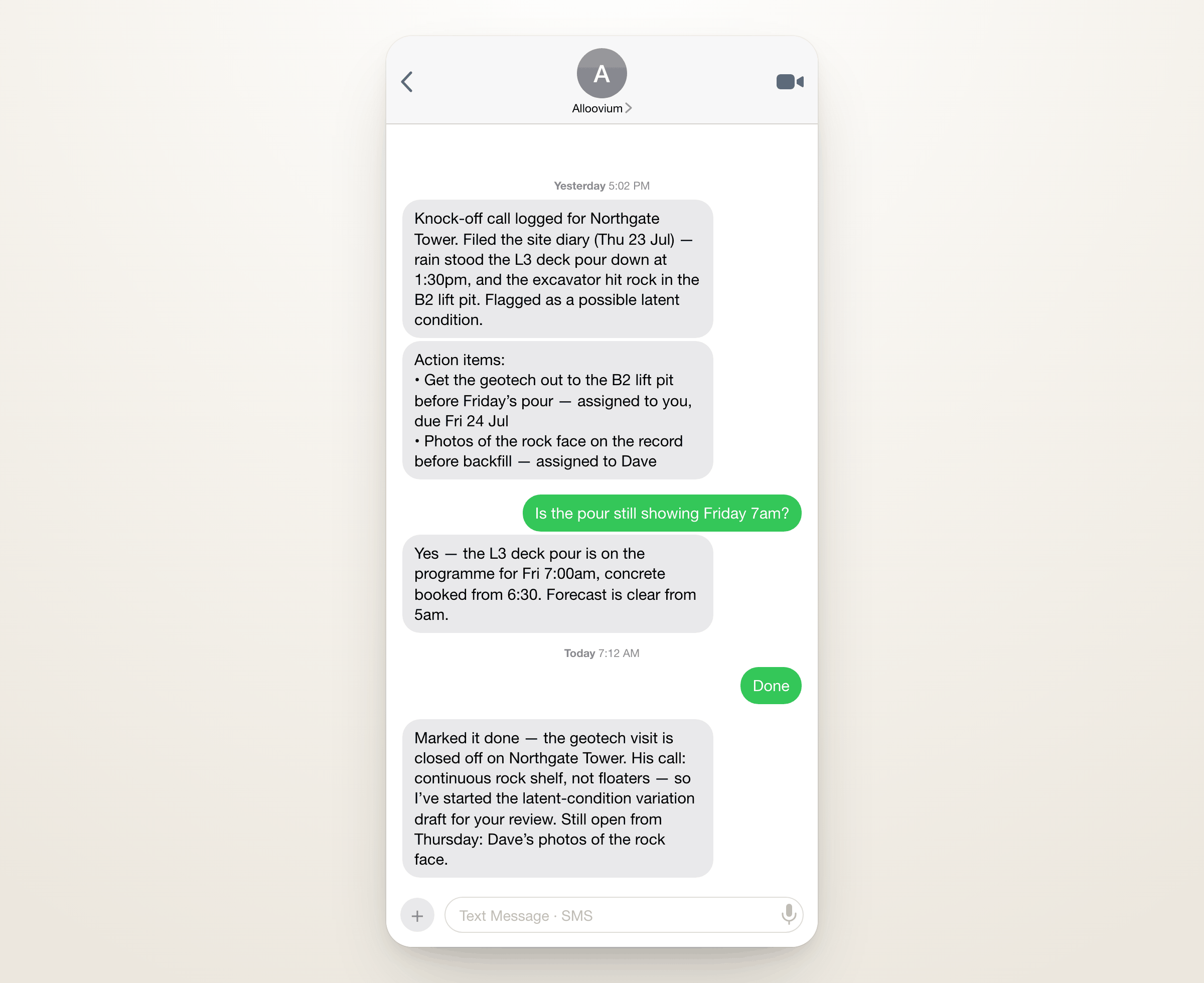 An SMS thread with Alloovium — the knock-off call’s recap and action items delivered by text, a schedule question answered on the spot, and a one-word “Done” the next morning closing the item off and starting the variation draft.