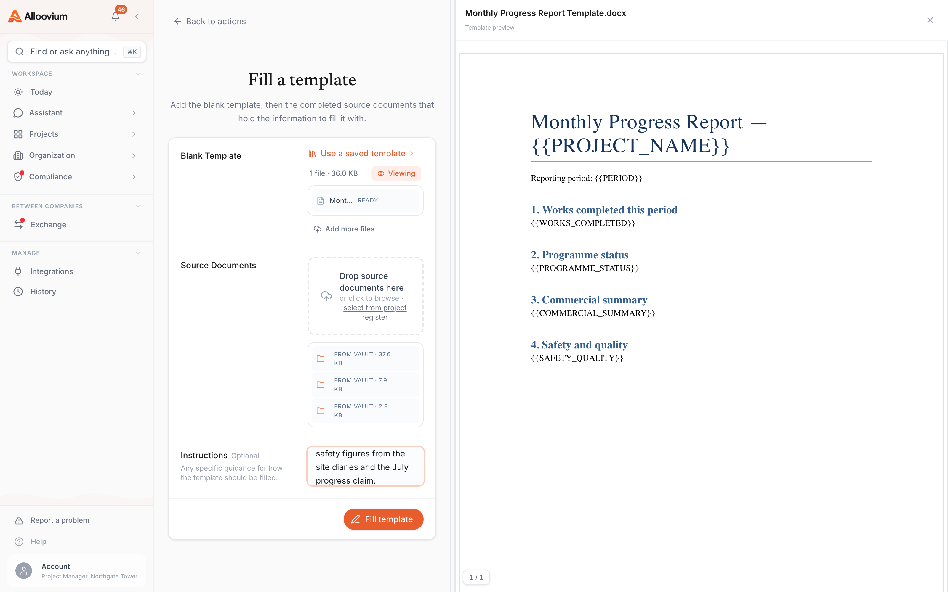 The template-filling setup mid-flow — the blank Word template ready in the drop zone with its preview open alongside, source documents attached from the project register, and the fill ready to run.