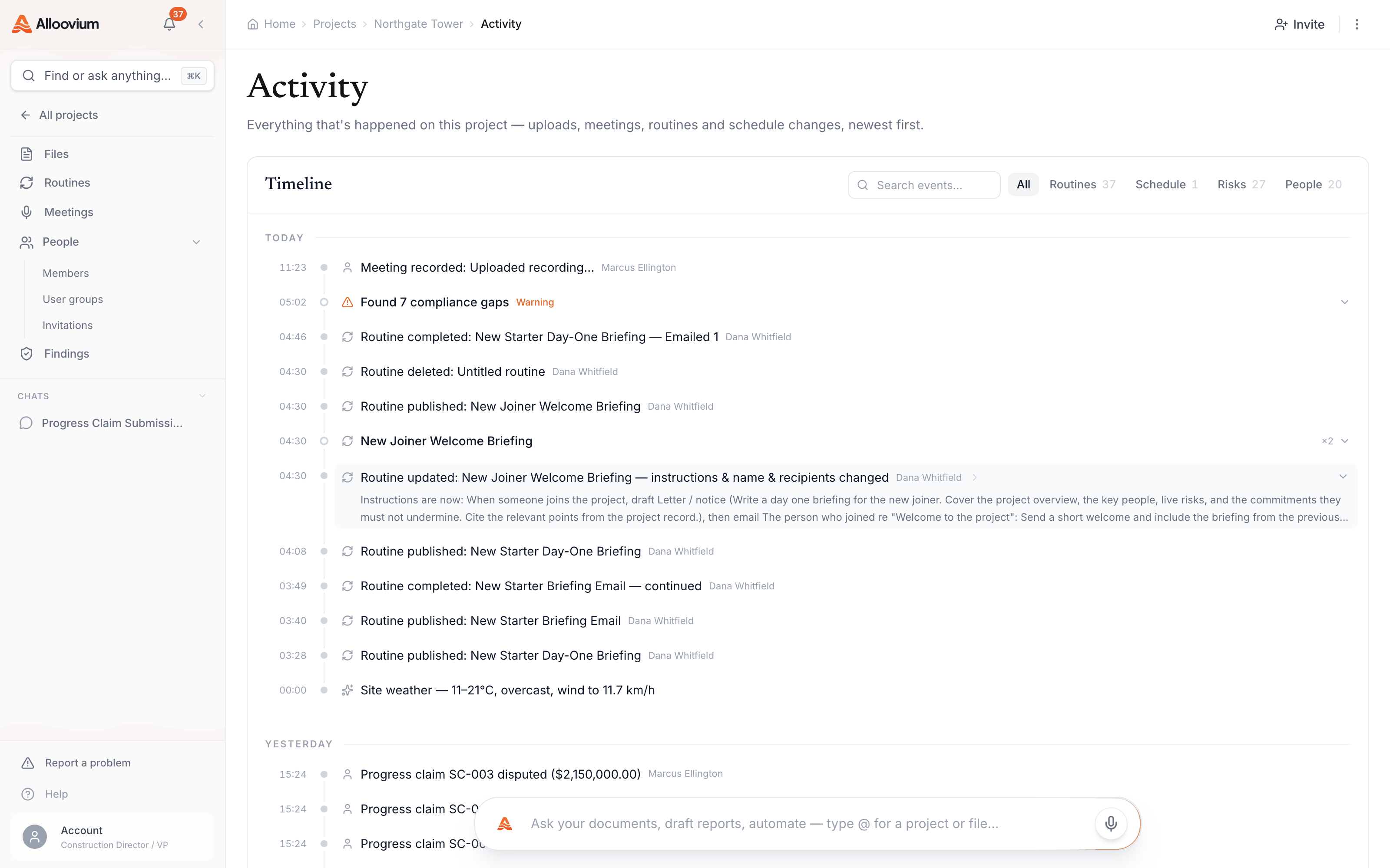 The project's Activity timeline — the filter chips (All, Routines, Schedule, Risks, People) and event search across the top, with day-grouped events under Today and Yesterday including routine runs, a compliance warning, site weather and progress claim records.