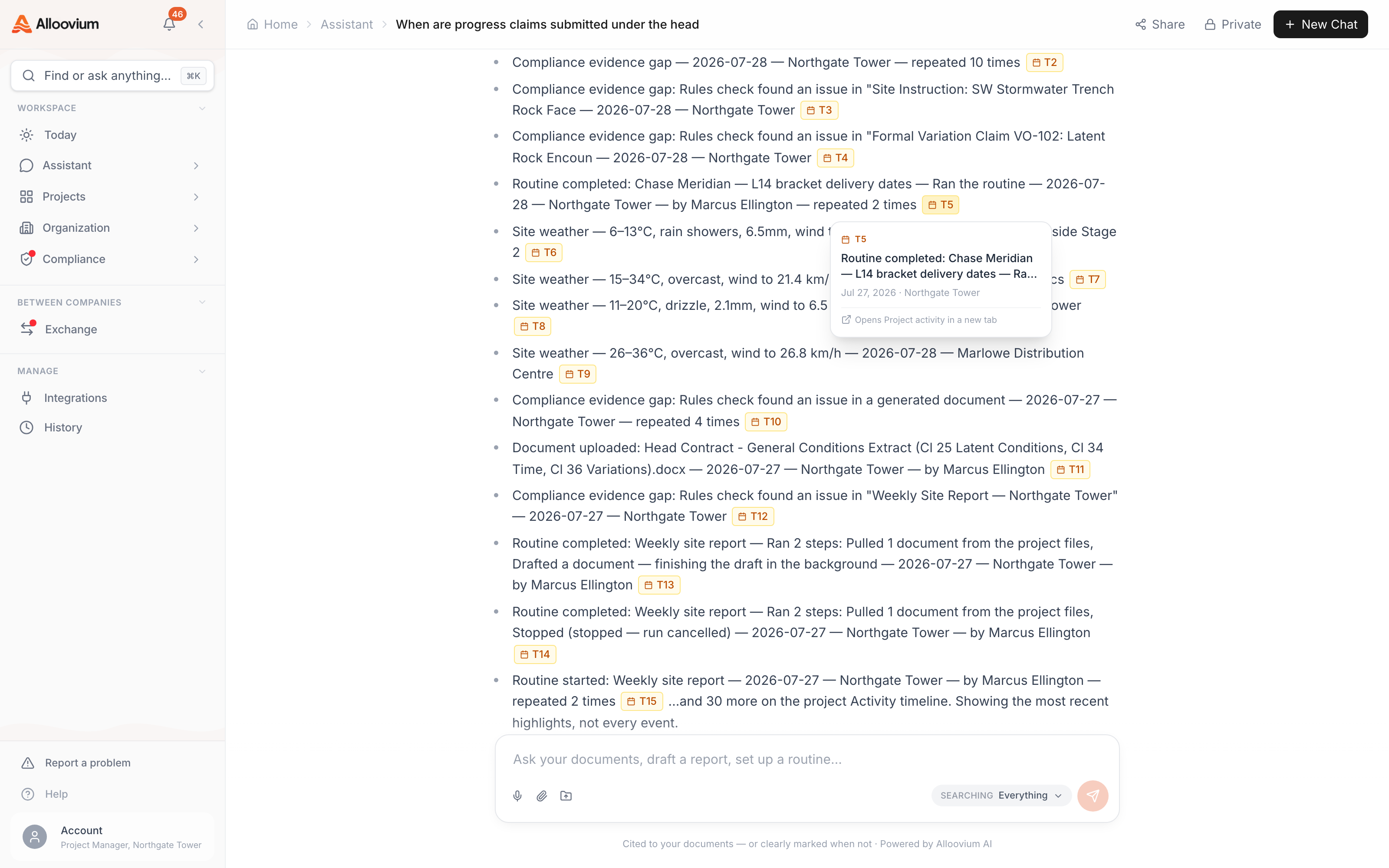 An assistant answer walking through the week's events, each carrying its [T#] timeline badge — with the hover preview open on one badge showing the cited event's title, date and project. Clicking a badge opens that event highlighted on the project timeline.