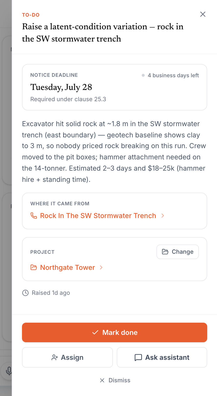 An action item opened from Needs attention — a latent-condition variation raised from a site call, with the notice deadline and its business-day countdown at the top, the details Alloovium pre-filled from the call, the Where-it-came-from link back to the call itself, and the project it belongs to.
