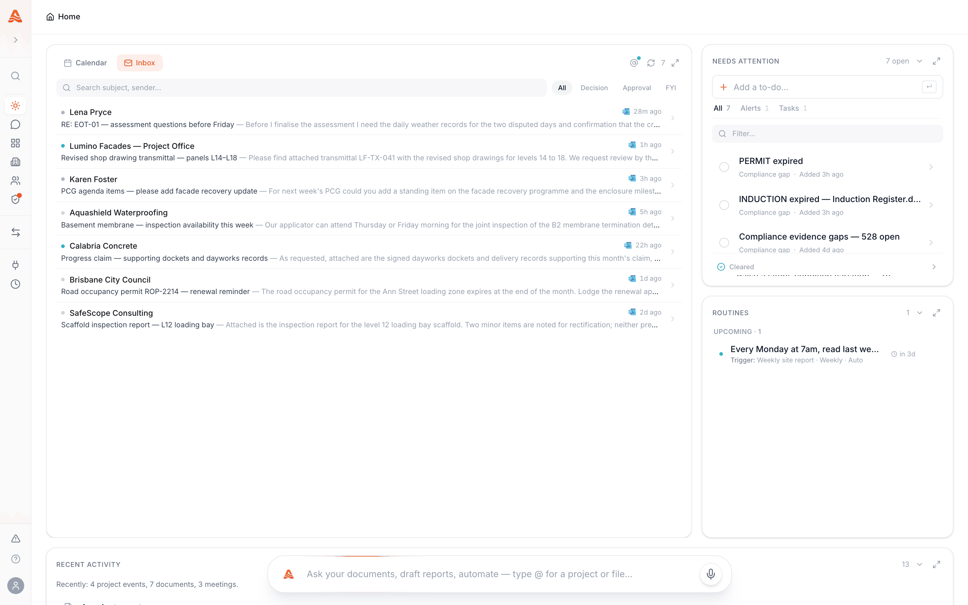 Today with the left column switched to Inbox — project email triaged in place, each message classified as Decision, Approval or FYI with filter chips above the list, and the Needs attention queue still beside it on the right.