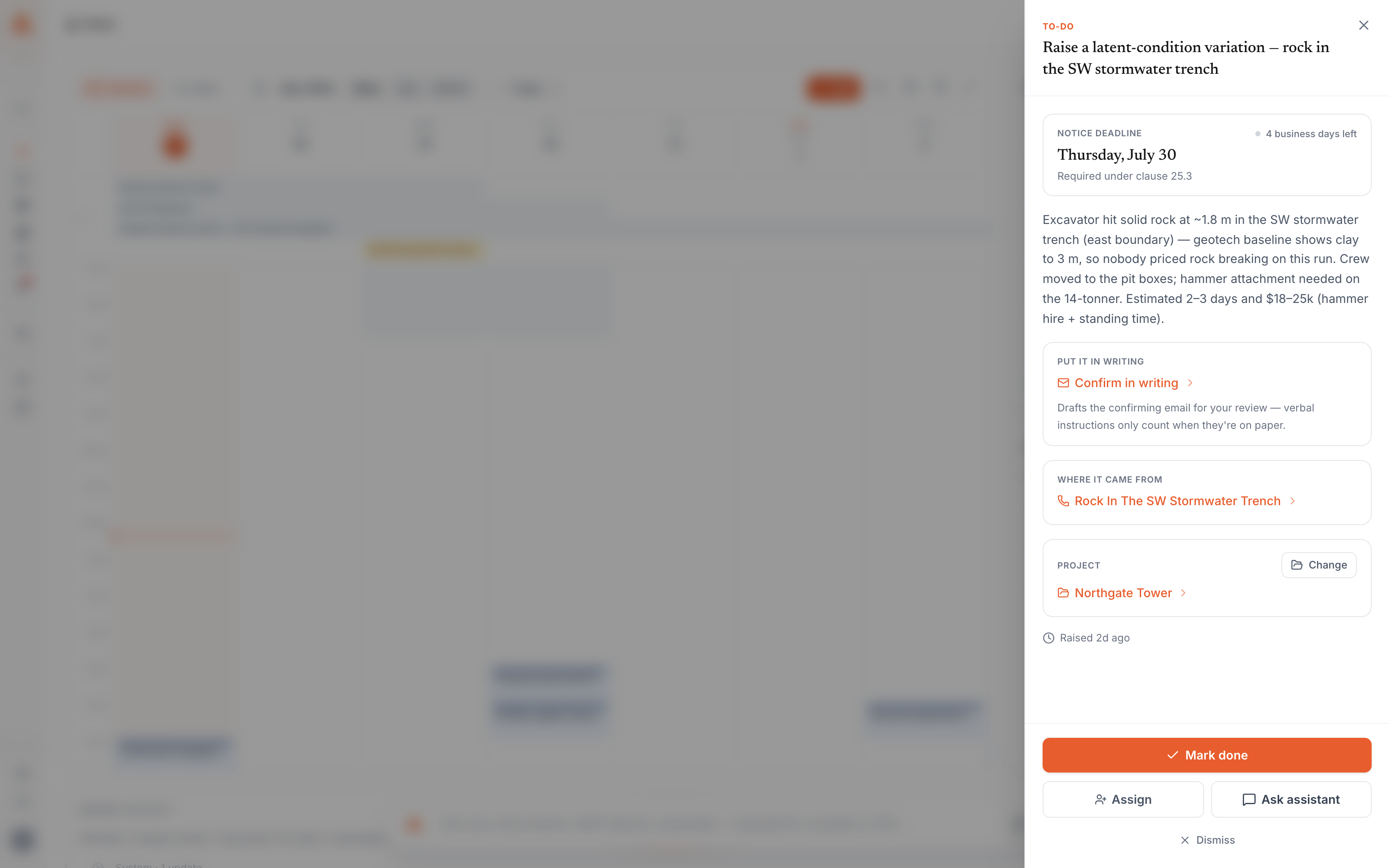 A variation to-do opened from Today — the notice deadline counting down under its clause, the description quoting what the crew hit on site, a one-click Confirm-in-writing draft, and the site call it came from linked underneath.
