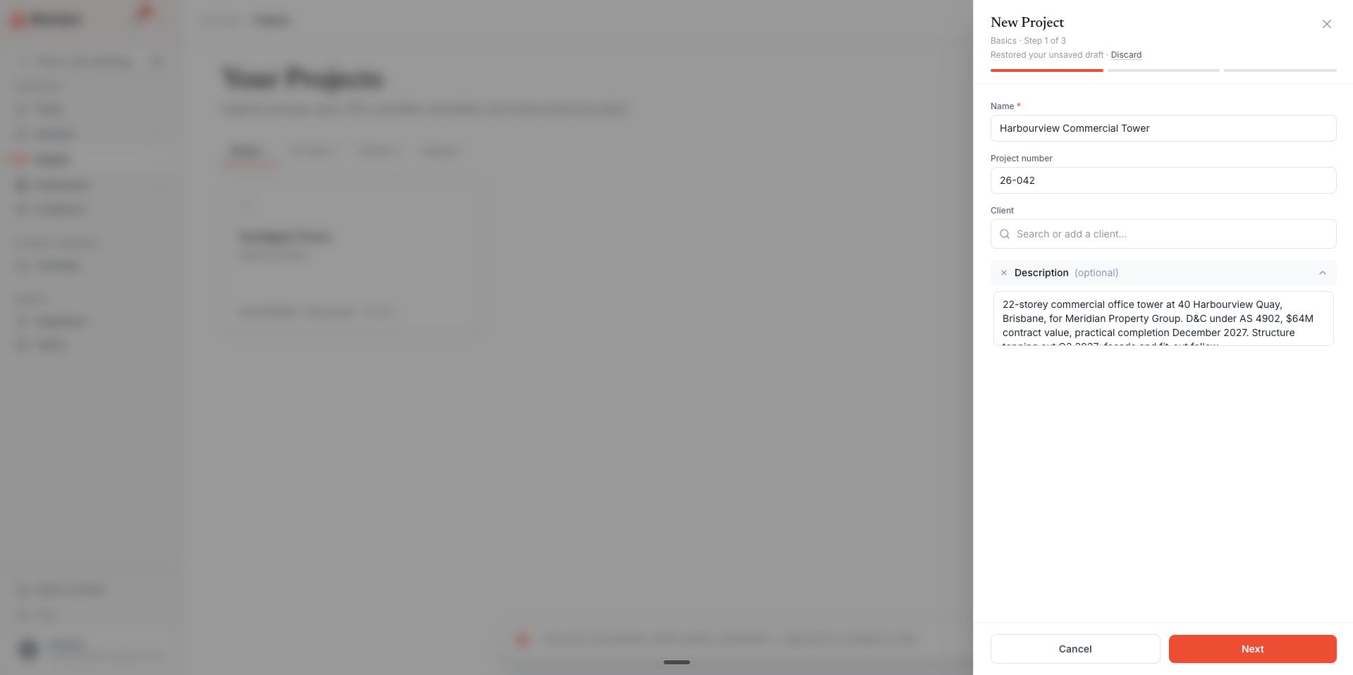 The New Project panel — name, project number and client fields with a project description filled in, the first of three quick setup steps.