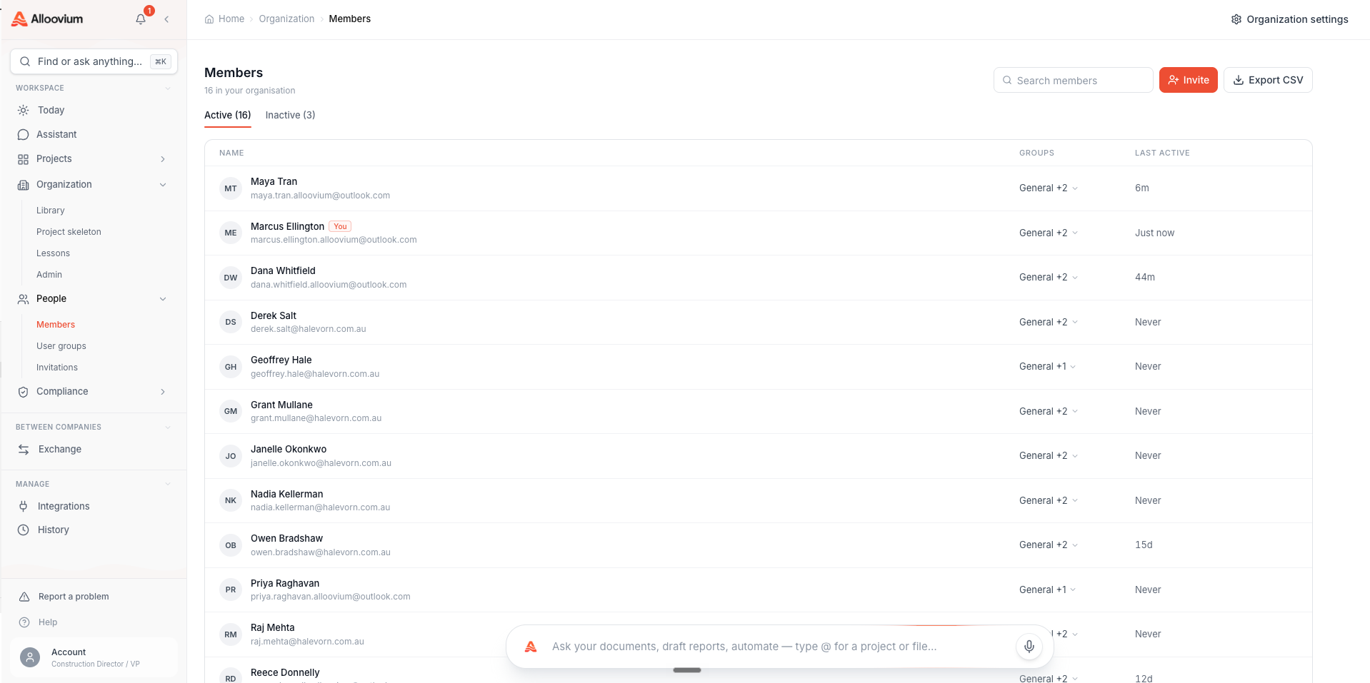 The organisation's Members directory — every member with their avatar, email, groups and last-active time, with Active and Inactive tabs, search, invite and CSV export along the top.