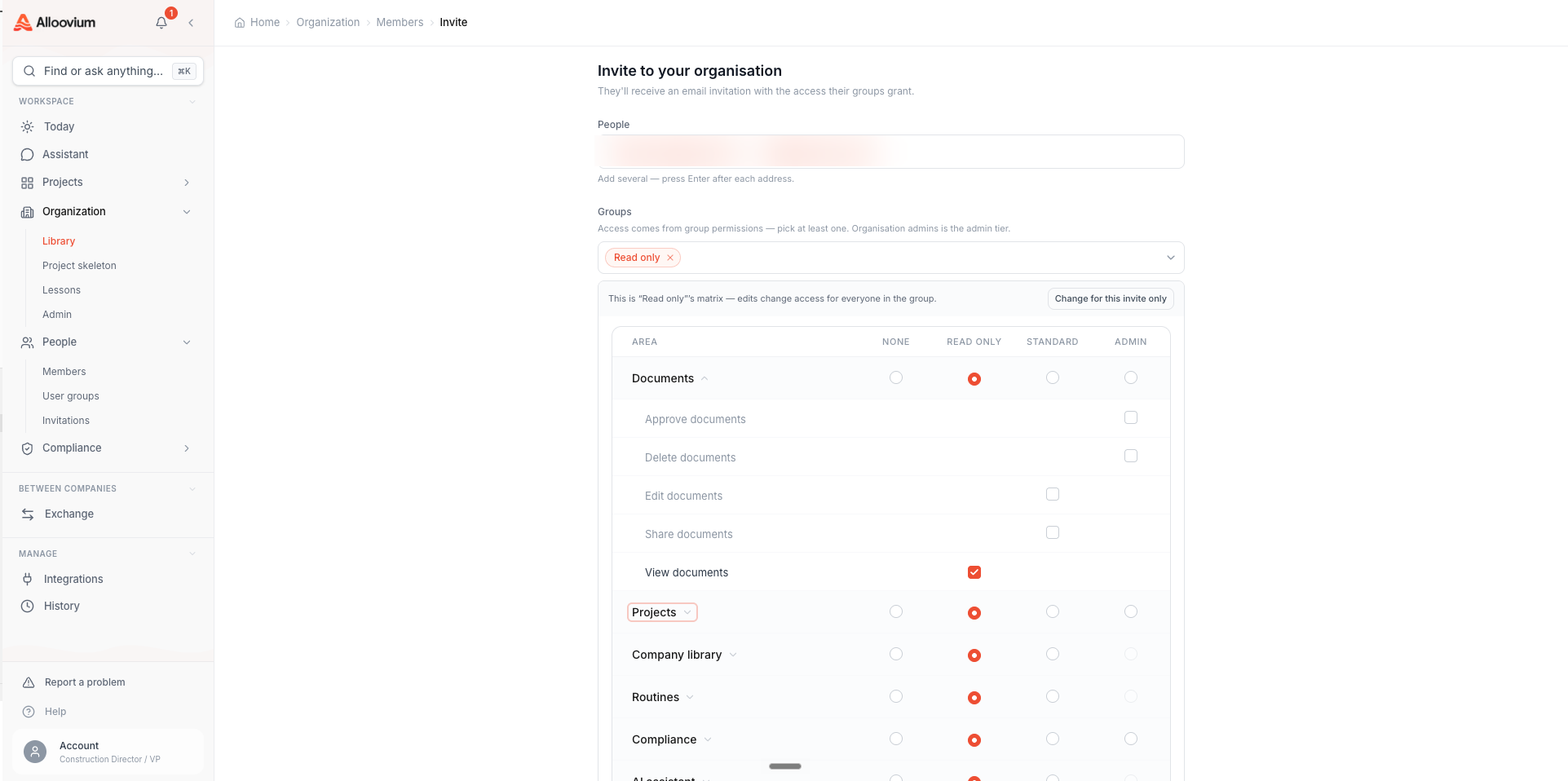 The invite panel — addresses entered as chips, the group multi-select with Read only picked, and the group's permission matrix previewed inline so you can see exactly what the invite grants, with a change-for-this-invite-only override.